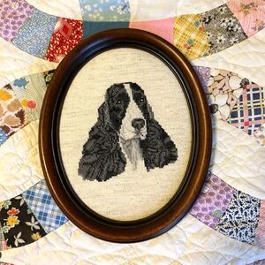 Vintage English Cocker Spaniel Dog Framed Embroidery 1990